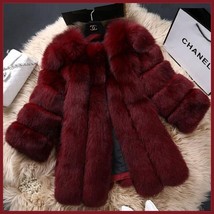 Long Full Pelt Burgundy Fox Faux Fur O Neck with Long Sleeves Luxury Fur Coat image 3