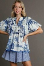 New Umgee S M L Blue White Toile Landscape Print Top Ruffle Neck Gathered Sleeve - £27.22 GBP