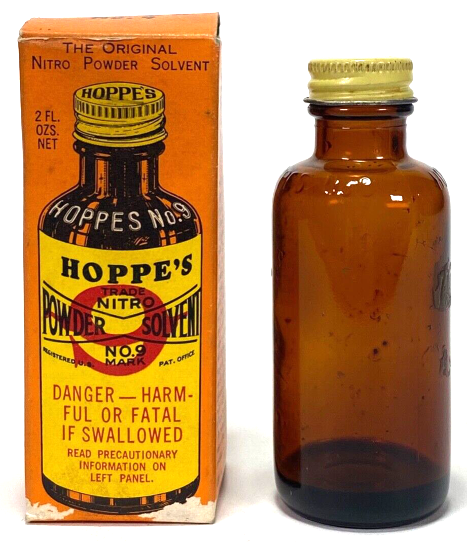 Vintage Hoppe&#39;s No.9 Nitro Powder Solvent Bore Cleaner Empty Bottle in Box - $8.15