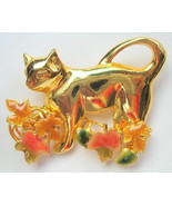 Cat Brooch with Maple Leaves Goldtone - £19.65 GBP