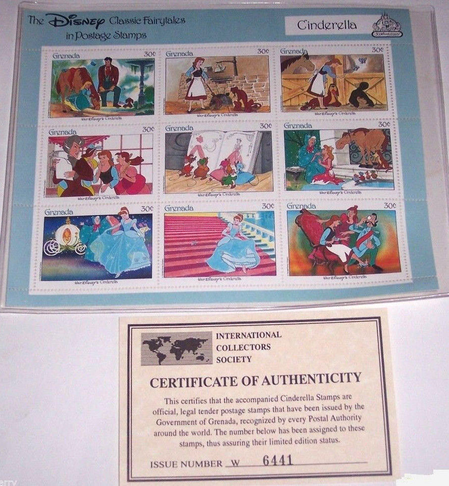 Disney Cinderella Postage Stamps Classic Fariytales  Grenada Vintage Retired - £23.94 GBP
