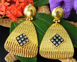 Vintage Gold Black Textured Earrings Rhinestones Dangle Drop Clip-On - $19.95