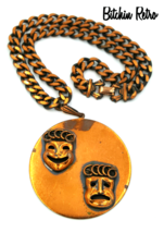 Vintage Copper Theater Mask Pendant Necklace with Modernist Style - £26.64 GBP