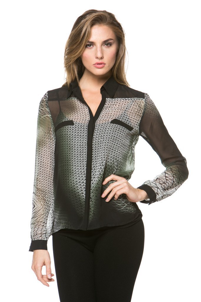 High Secret Women's Long Sleeves, geometric print blouse, M, Green - $39.00
