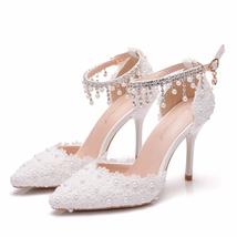Women Wedding Shoes White Lace Flower Wristband Bridal Pointed Toe Thin Heels An - £58.63 GBP