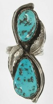 Sterling Silver Navajo Turquoise Long Ring with Leaf Accents Size 7.75 - $202.70