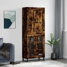 Industrial Rustic Smoked Oak Wooden Large Storage Cabinet With 2 Glass Doors - £150.37 GBP