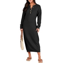 Women Sweater Maxi Dress Long Sleeve Button V Neck Oversized Casual Loos... - £59.98 GBP