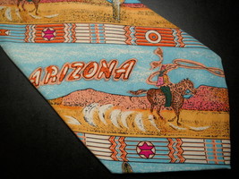 Silk Club Dress Neck Tie Arizona Theme Cowboy Native American Sky Blues ... - £11.94 GBP