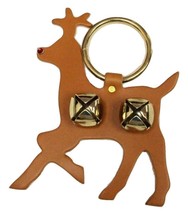 Rudolph Tan Leather Door Chime Crystal Nose &amp; Sleigh Bells Amish Handmade In Usa - £18.31 GBP