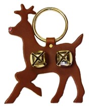 Rudolph Brown Leather Door Chime Crystal Nose &amp; Sleigh Bells Amish Handmade Usa - £18.31 GBP