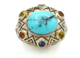 Sterling Silver Turquoise and Gem Stone Ring 12.2 grams size 9 - £159.42 GBP