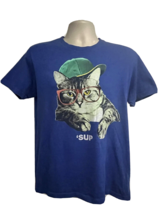 Hip Hop Streetwear Blue Graphic Tee Small Animal Print Cat &#39;Sup Novelty ... - £15.52 GBP