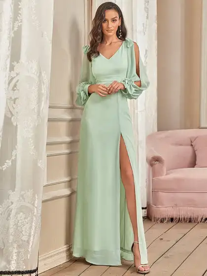 Elegant Evening Dresses Long A-LINE V-Neck Full Sleeves Floor-Length Orchid Gown - £102.15 GBP