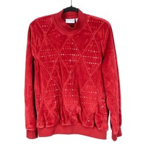 Alfred Dunner Velour Sweatshirt L Womens Red Sequin Holiday Party Cotton Crew - £15.45 GBP