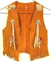 Vintage Leather Fringe Vest Western Cowboy Youth Outfit-Cactus-Conchos - $28.05
