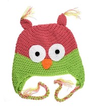 NWT Owl Baby Girls Hot Pink &amp; Green Chrochet Hat 6-12 Months - £4.50 GBP