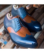 NEW Handmade Men&#39;s Tan Blue Wing Tip Shoes, Men&#39;s Leather Lace Up Formal... - £114.76 GBP