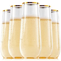 24 Pack 9 Oz Plastic Champagne Flutes | Stemless Plastic Champagne Glasses Gold  - £28.74 GBP