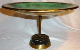 Antique Rabban Verdigris Brass Green Enamel Stemmed Pedestal Bowl Dish Israel - £39.96 GBP