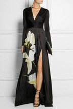 ALTUZARRA for Target Black Satin Maxi Dress Empire waist Orchid-print Wo... - $100.00