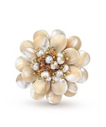 Elegant Blooming Brown and Beige Shell, Pearl &amp; Crystal Flower Brooch Pin - £20.56 GBP