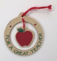 Vintage &quot;For A Great Teacher&quot; Wood Christmas Tree Ornament Open Circle &amp; Apple - £5.61 GBP