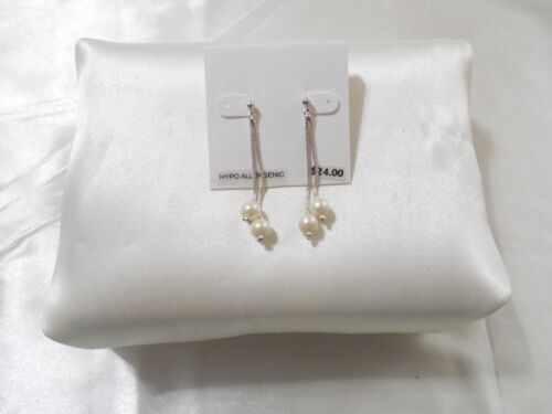 Department Store 2-1/8 "Silver Tone Sim. Pearl Linear Dangle Drop Earrings B2038 - $10.55