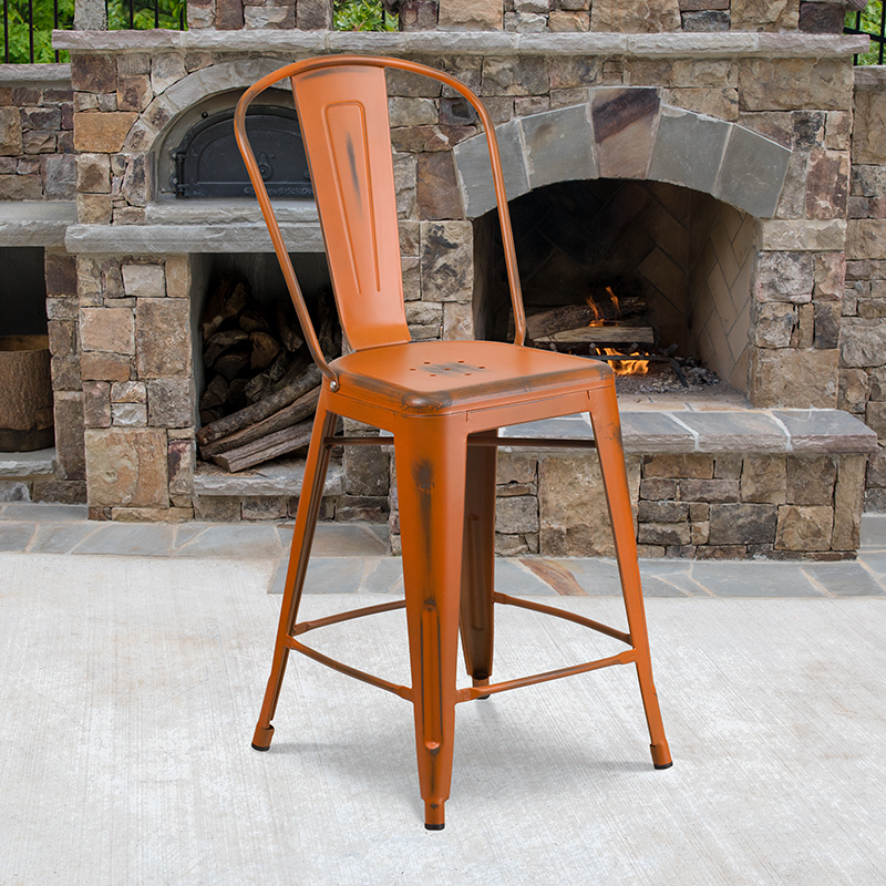 Distressed Orange Metal Stool ET-3534-24-OR-GG
