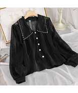 Women Vintage Collared Pearl Button Down Long Sleeve Lace Blouse Top_ - $25.00