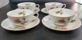 (4) Vintage Moss Rose China Teacup &amp; Saucer Pink Roses Coupe Shape Sango... - £31.02 GBP