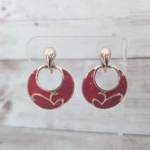 Vintage Clip On Earrings Fancy Red &amp; Gold Tone Dangle - £14.28 GBP