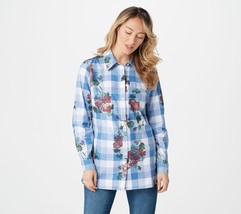 Denim &amp; Co. Yarn Dye Plaid with Print Button-Front Tunic   X-Small Seapo... - £15.46 GBP