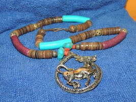 Southwestern style Necklace Bull pendant copper turquoise thin leather s... - £24.77 GBP
