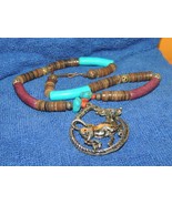Southwestern style Necklace Bull pendant copper turquoise thin leather s... - £24.73 GBP