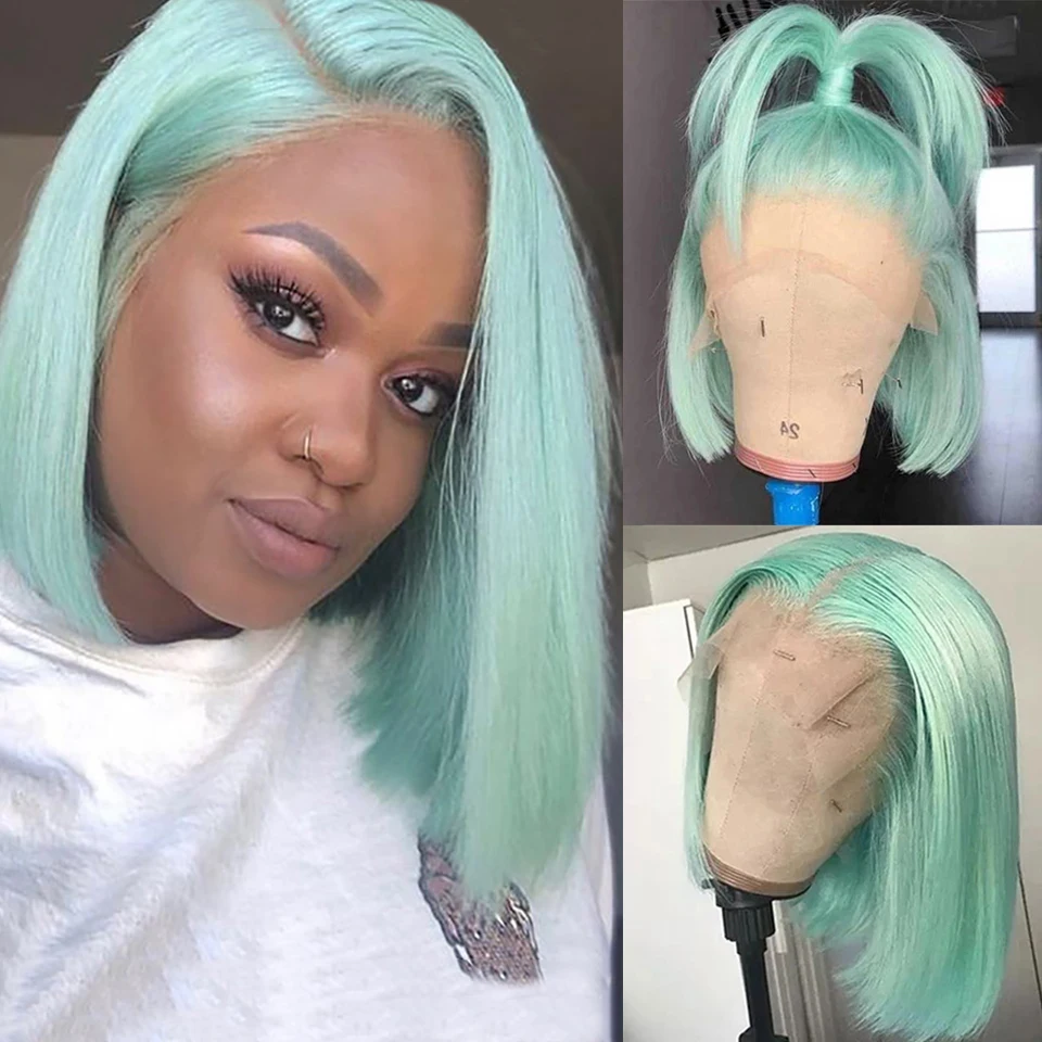 Mint Green Colored Short Bob 13x4 Lace Front Wig Human Hair Glueless Hon - £93.46 GBP+