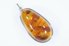 Large Vintage Sterling Silver Amber Pendant 2.75&quot; Long - £762.65 GBP
