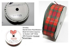 Ribbon Wired 11 yd spool 1 3/8 wide Craft Red Green Plaid Holiday Wreath Brazil - £7.87 GBP