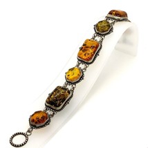Vintage Signed 925 S&amp;A Tri-Colored Chunky Amber Stone Toggle Clasp Bracelet sz 7 - £98.69 GBP