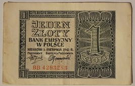 POLAND 1 ZLOTE BANKNOTE 1941 RARE NOTE XF CONDITION  - £7.40 GBP