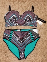 New Kenneth Cole Tribal Wave 2 Pc Swimming Suit Bandeau Top High Waist Bottoms L - £29.56 GBP