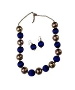 Blue Gold Beaded Statement Necklace Earrings Set Fashion Jewelry u - £30.48 GBP