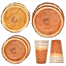 Rustic Wood Slice Paper Party Supplies Tableware Set 24 9&quot; Plates 24 7&quot; Plate 24 - £34.08 GBP