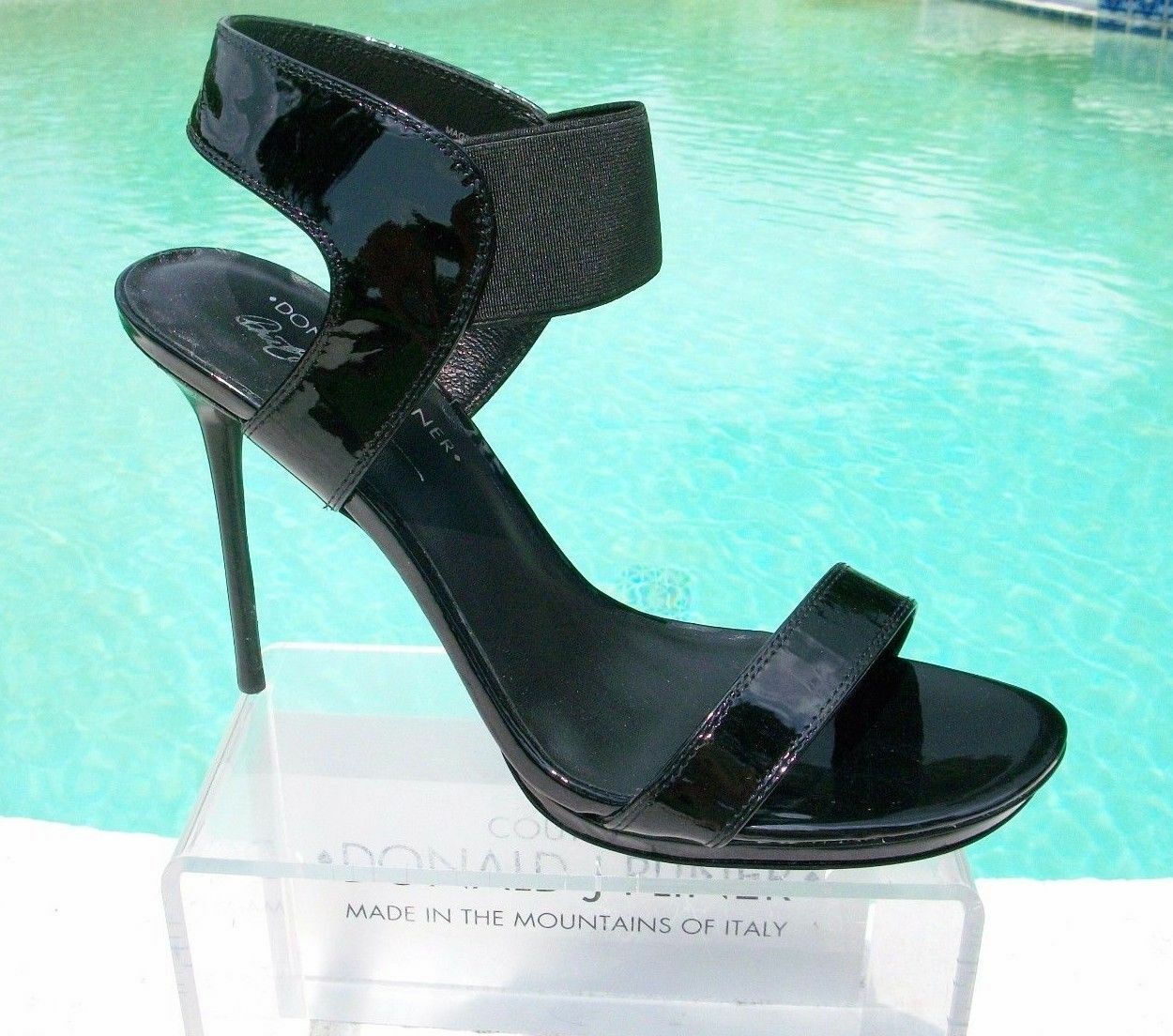 Donald Pliner Black Patent Leather Elastic Ankle Cuff Sandal Shoe New $245 NIB