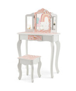 2-in-1 Kids Vanity Table Set with Tri-folding Mirror-Pink - Color: Pink - $154.10