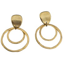 Gold Tone Double Circle Design Statement Drop Dangle Clip on Earrings - $10.88