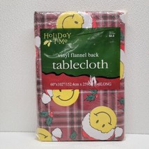 Vintage Walmart Holiday Time Christmas Smiley Face Tablecloth Oblong 60&quot; x 102&quot; - £70.22 GBP