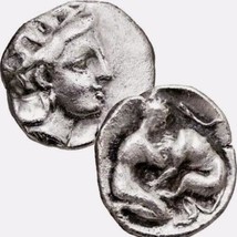 Herakles Wrestling The Nemean Lion, Strigil / Athena.Tarentum Silver Diobol Coin - $284.05