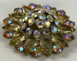Vintage Brooch Pin Yellow AB Teardrop Round Stones Gold Tone Rhinestones - €41,53 EUR