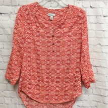 Kim Rogers Womens Henley Shirt Orange Aztec Long Sleeve Notch Neck High Low M - $4.94